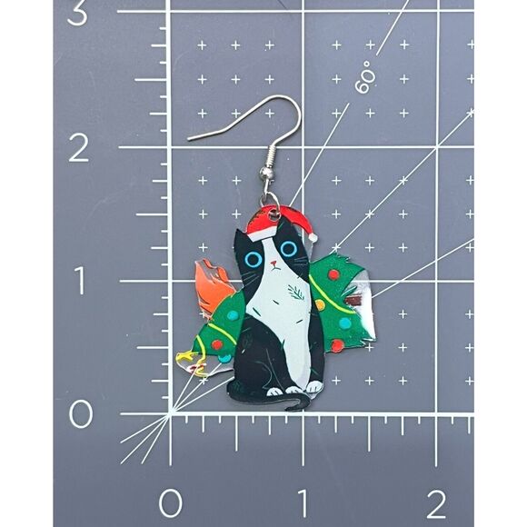 Tuxedo Cat w/ Christmas Tree Holiday/Winter Dangle/Drop Acrylic Novelty Earrings - Picture 3 of 3